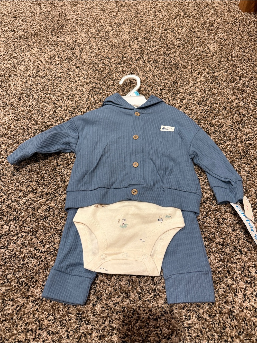 Carter's Blue Ribbed Hooded Cardigan Set with Cream Bodysuit
